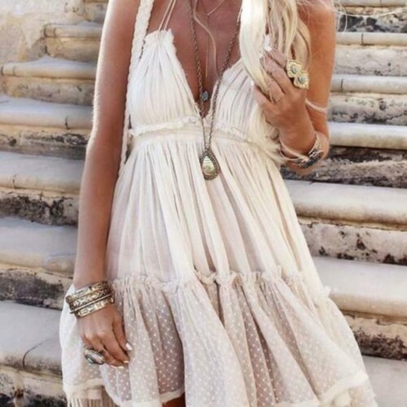 Dresses & Skirts - Boho Backless V Halter Swiss Dot Mini Dress Cream